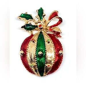 Christmas Victorian Style Ornament w/ Holly & Ribbon Red Green Enamel Brooch Pin